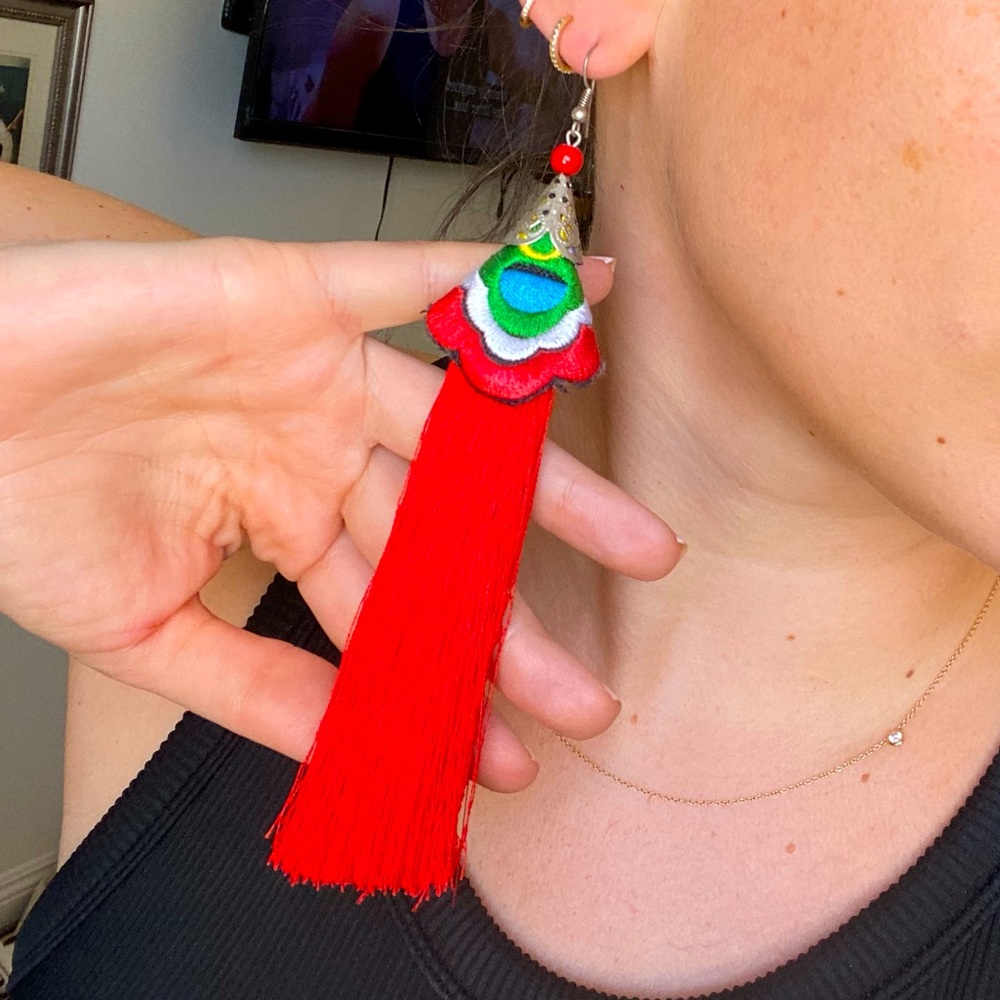 HANDMADE from Mexico Woven Thread Red Fringe Large Earrings